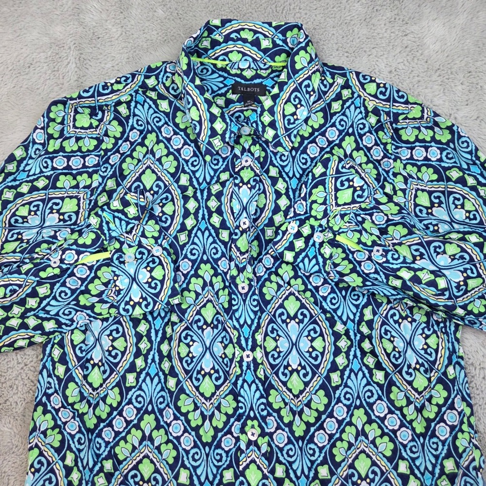 Talbots Button Down Shirt Womens XS Paisley Medallion Print Cotton Voile Blue XS
